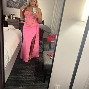 Portia and Scarlett Pink Strapless Slit Gown